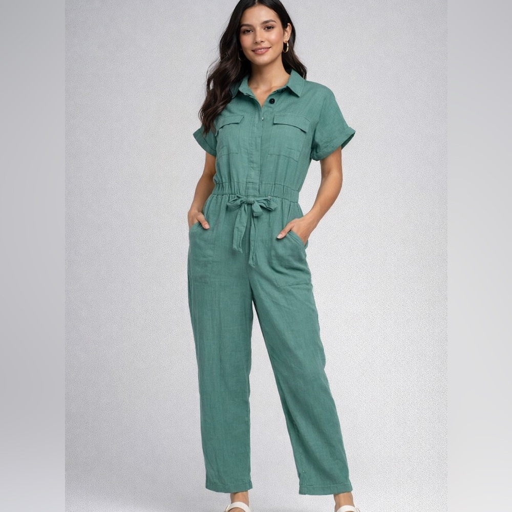 Universal Thread Linen Blend Green Utility Jumpsuit Size 6 Tie Waist Pockets
